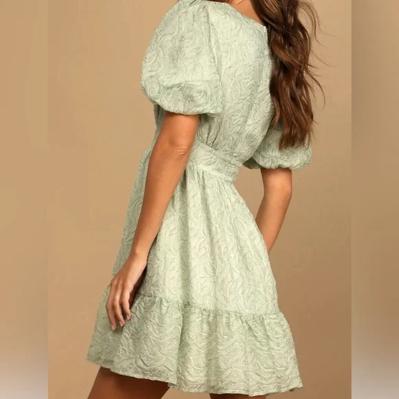 Lulu’s Romantic Waltz Sage Green Organza Puff Sleeve Mini Dress. Size: Small - Picture 2 of 8
